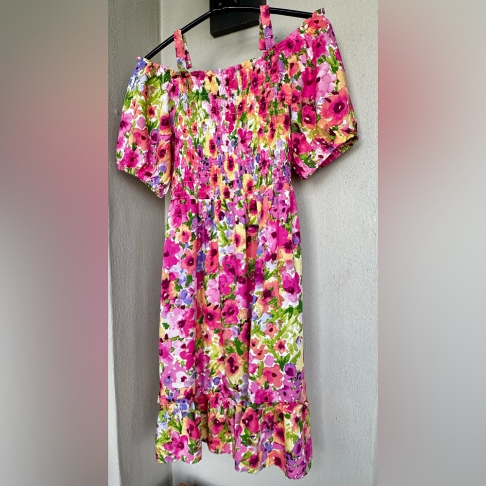 The Childrens Place Off Shoulder Short Sleeve Dress Pink & Yellow Floral 10/12